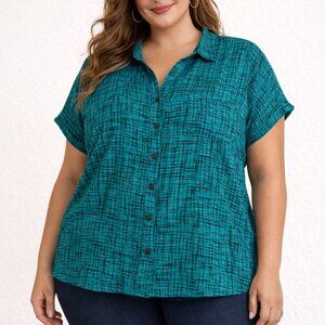 Apt 9 Erika Taylor 3XL Blue Plaid Button Up Shirt Cotton Blend Short Sleeve